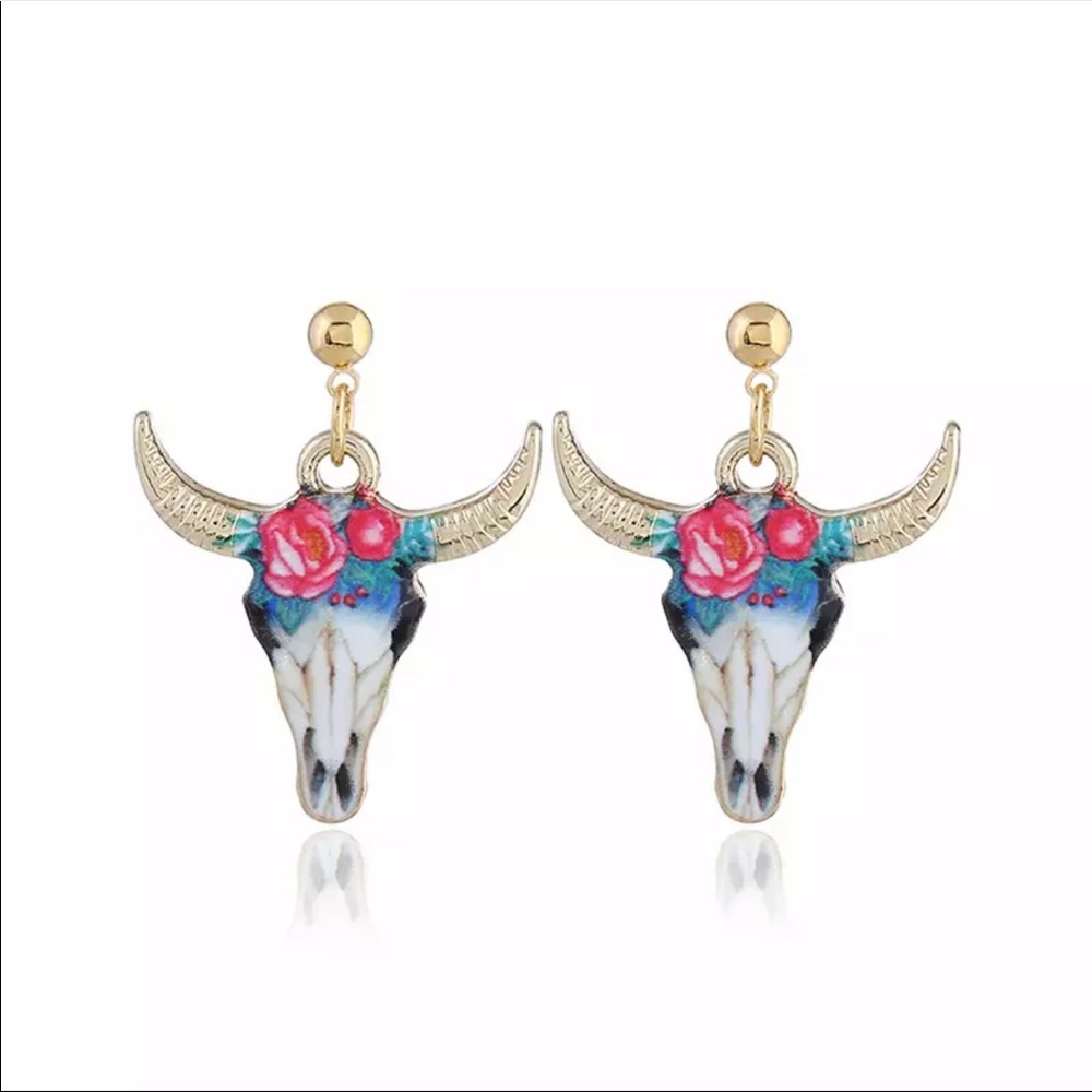 LAST 2 💞 floral bull head skull earrings - Picture 2 of 2